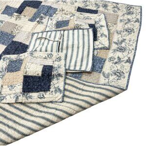 Rare Print Pottery Barn Queen Quilt & 3 Pillow Shams Navy Blue Beige Patchwork